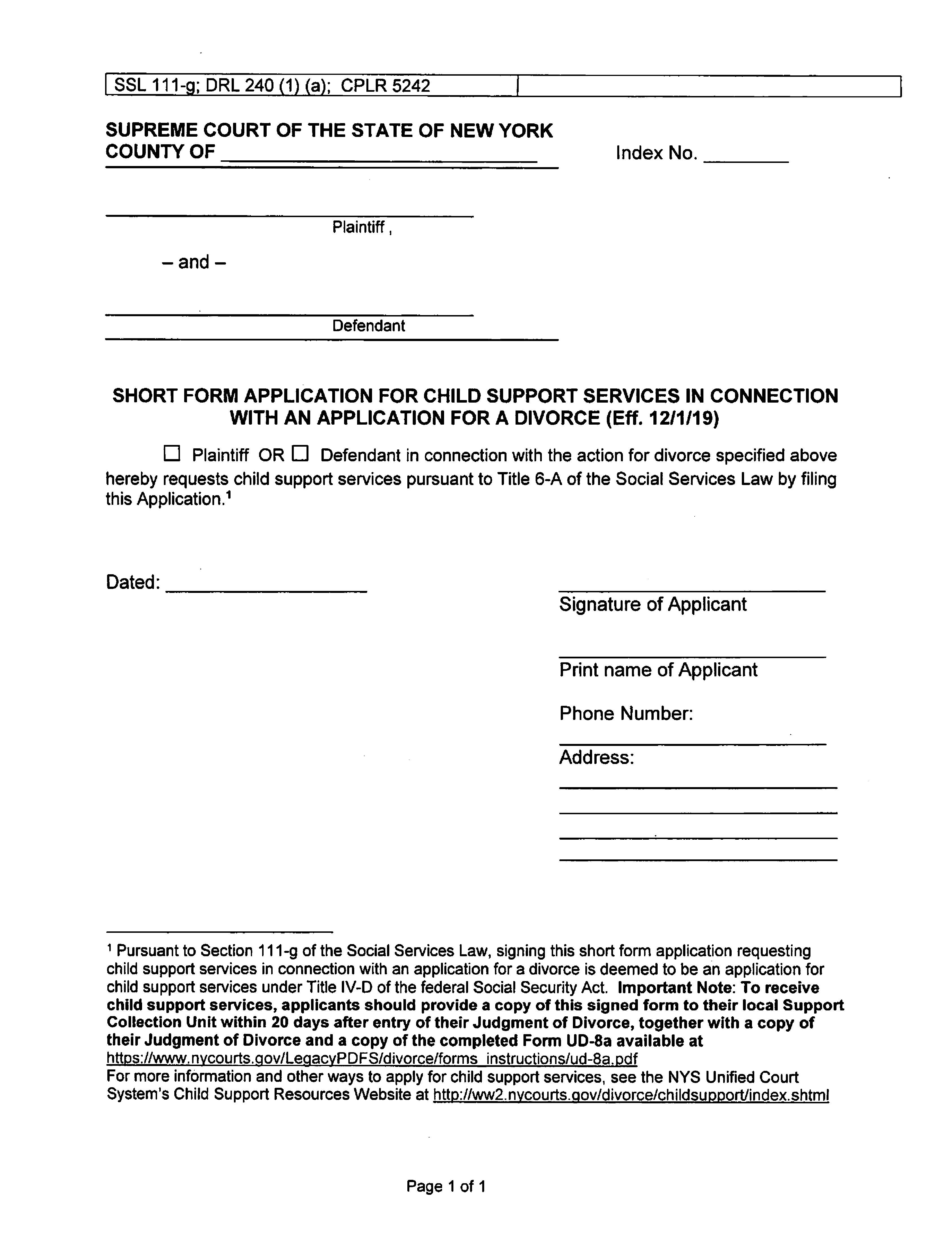 Short Form Application Child Support Services In Connection With Divorce Application | Pdf Fpdf Docx | New York