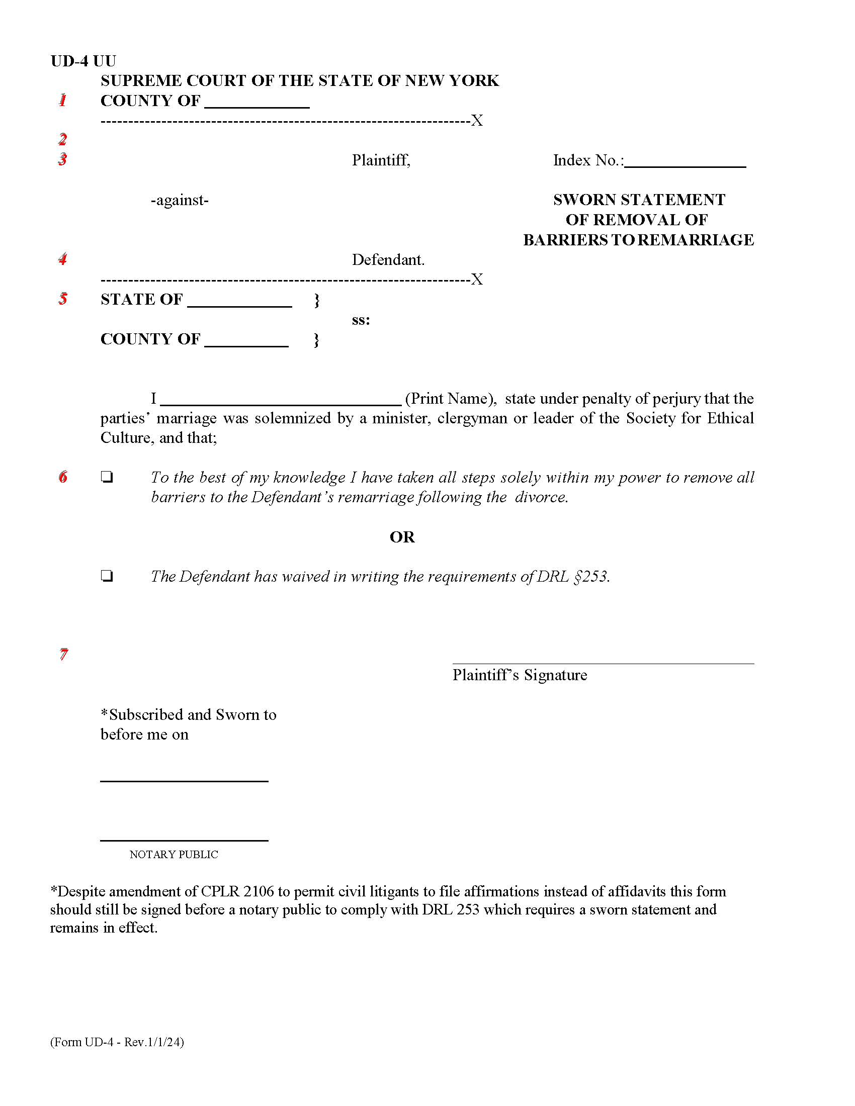 Sworn Statement Of Removal Of Barriers To Remarriage {UD-4} | Pdf Fpdf Doc Docx | New York