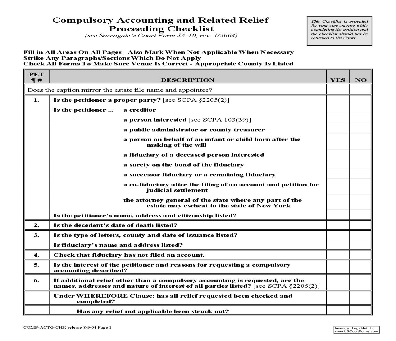 Compulsory Accounting And Related Relief Proceeding Checklist | Pdf Fpdf Doc Docx | New York