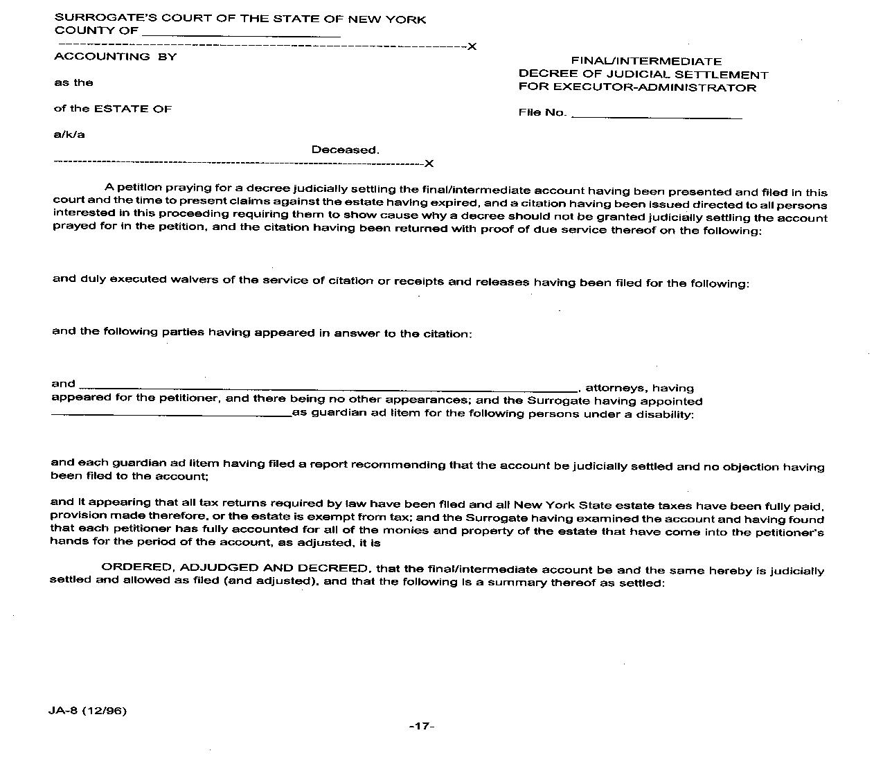 Final Or Intermediate Decree Of Judicial Settlement For Executor-Administrator {JA-8} | Pdf Fpdf Doc Docx | New York