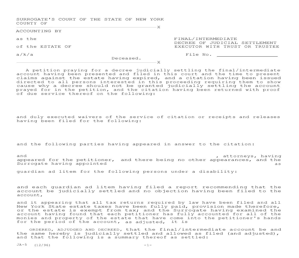 Final-Intermediate Decree Of Judicial Settlement Executor w-Trust Or Trustee {JA-5} | Pdf Fpdf Doc Docx | New York