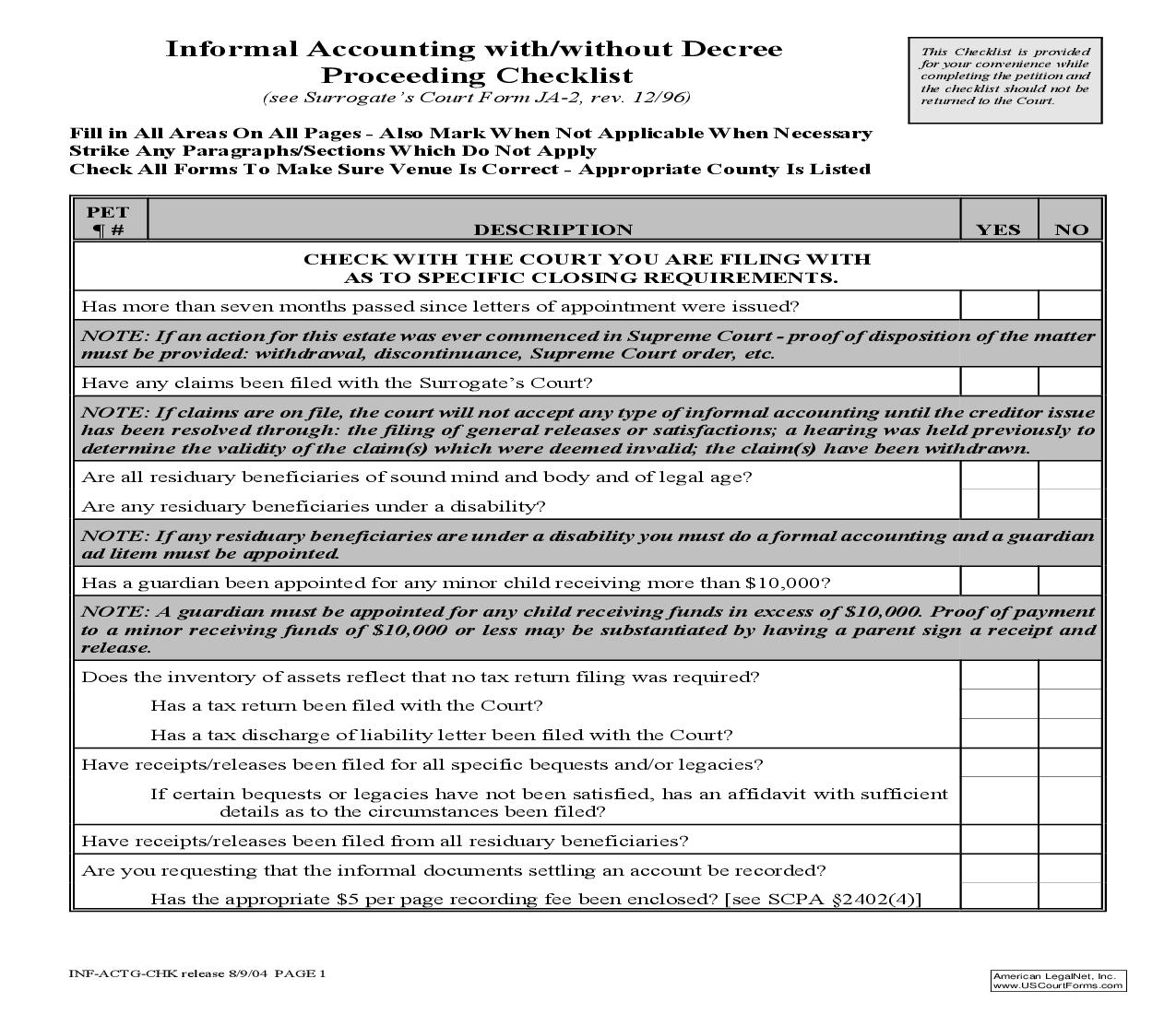 Informal Accounting With Or Without Decree Proceeding Checklist | Pdf Fpdf Doc Docx | New York