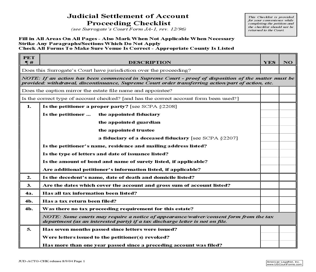 Judicial Settlement Of Account Proceeding Checklist | Pdf Fpdf Doc Docx | New York
