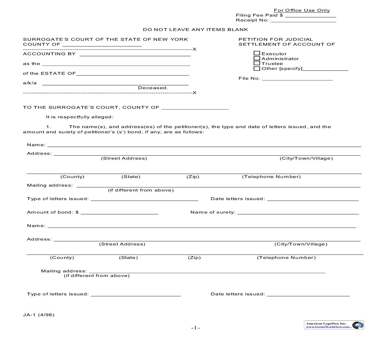 Petition For Judicial Settlement Of Account {JA-1} | Pdf Fpdf Doc Docx | New York
