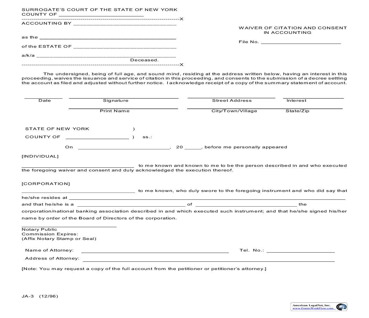 Waiver Of Citation And Consent In Accounting {JA-3} | Pdf Fpdf Doc Docx | New York