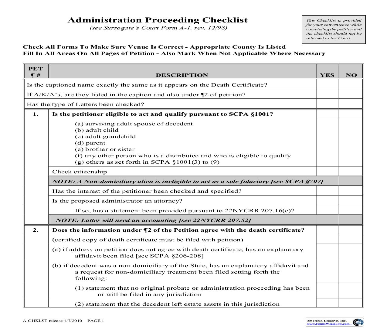 Administration Proceeding Checklist | Pdf Fpdf Doc Docx | New York