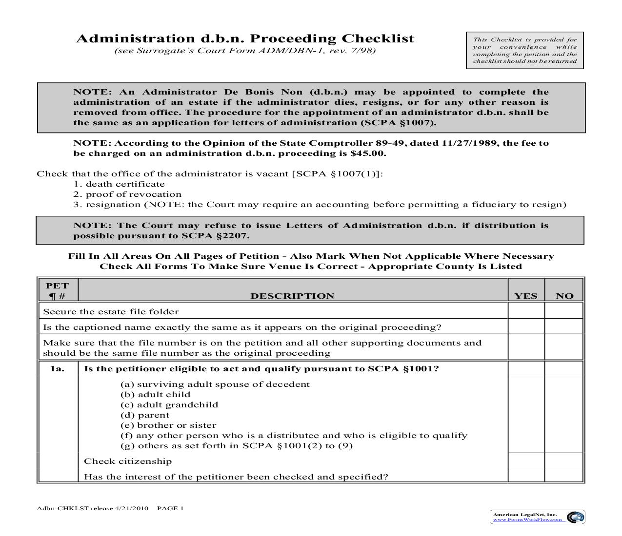 Administration dbn Proceeding Checklist | Pdf Fpdf Doc Docx | New York