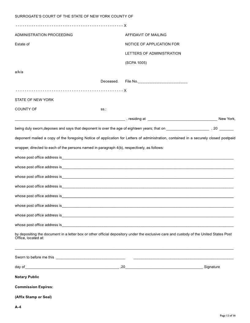 Affidavit Of Mailing Notice Of Application For Letters Of Adminstration {A-4} | Pdf Fpdf Docx | New York