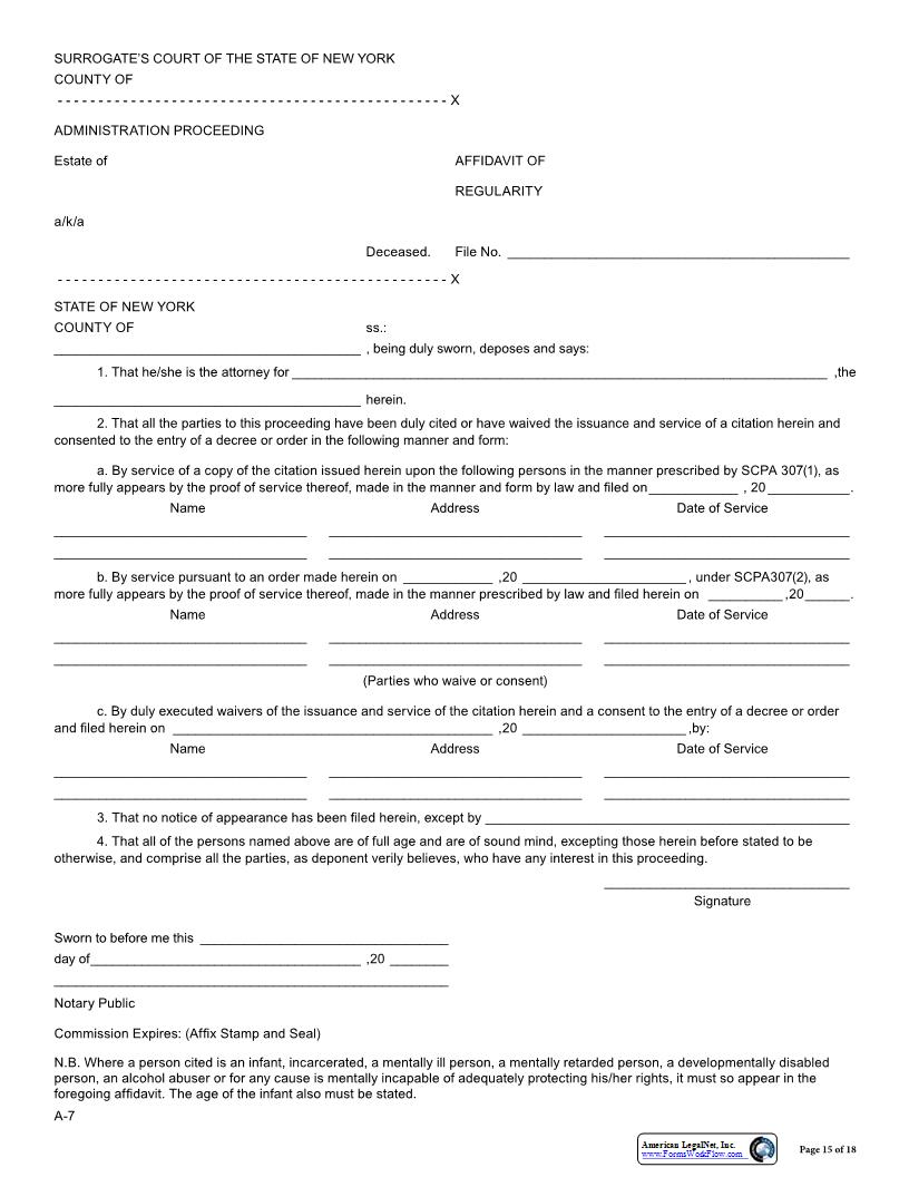 Affidavit Of Regularity {A-7} | Pdf Fpdf Docx | New York