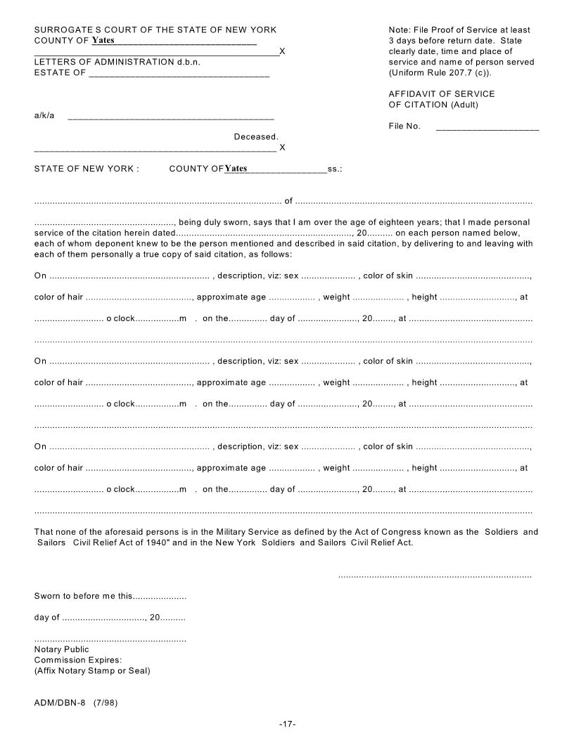Affidavit Of Service Of Citation (Adult) {DBN-8} | Pdf Fpdf Doc Docx | New York