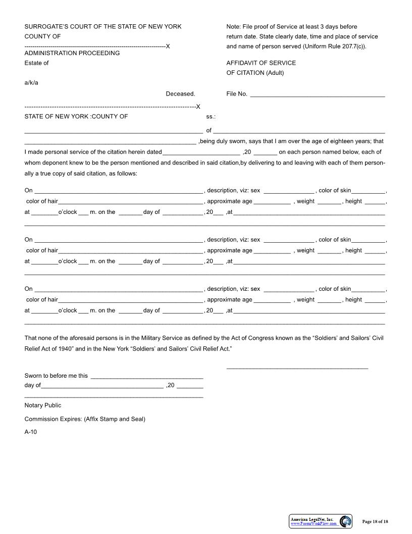 Affidavit Of Service Of Citation Adult {A-10} | Pdf Fpdf Docx | New York