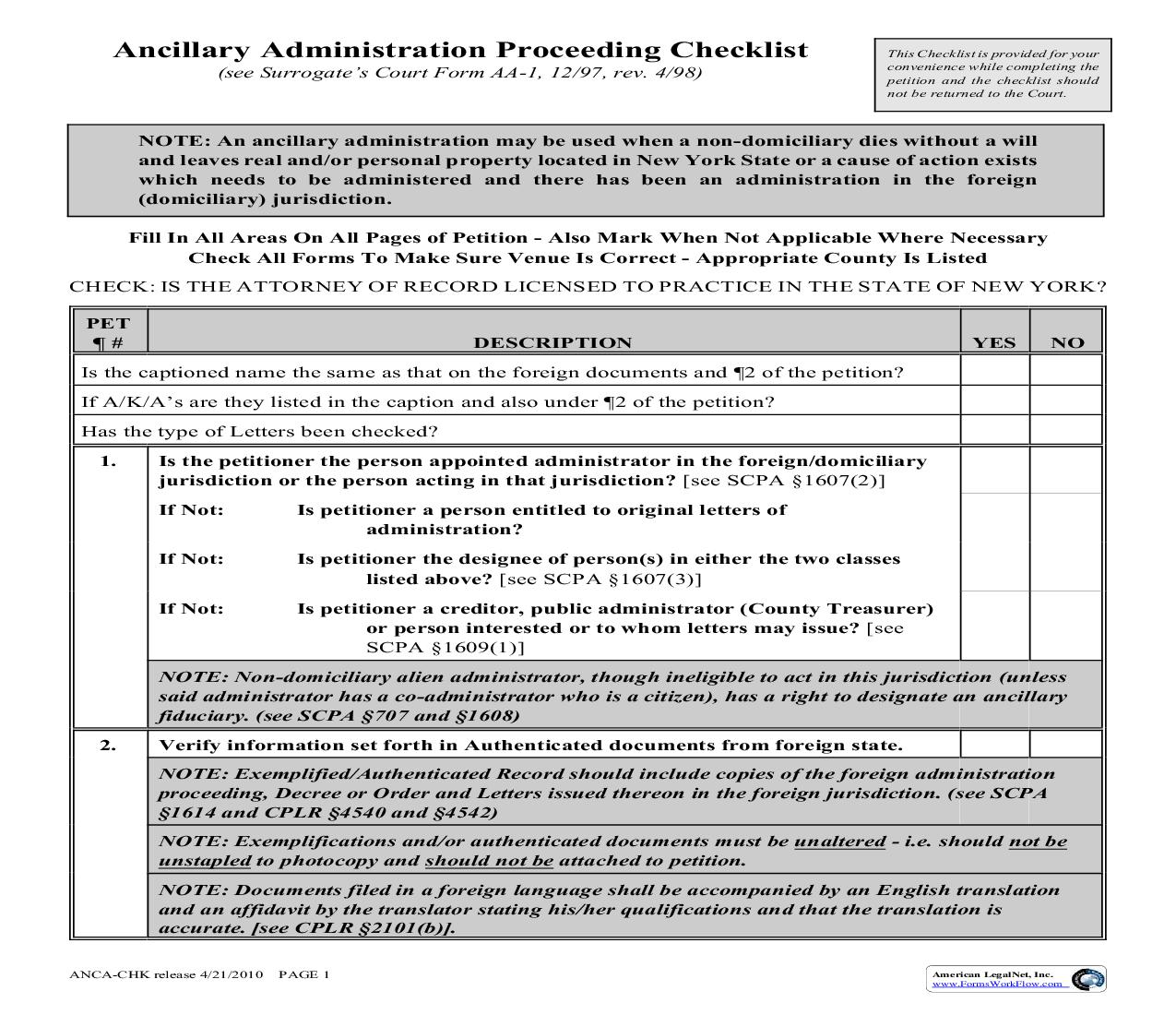 Ancillary Administration Proceeding Checklist | Pdf Fpdf Doc Docx | New York