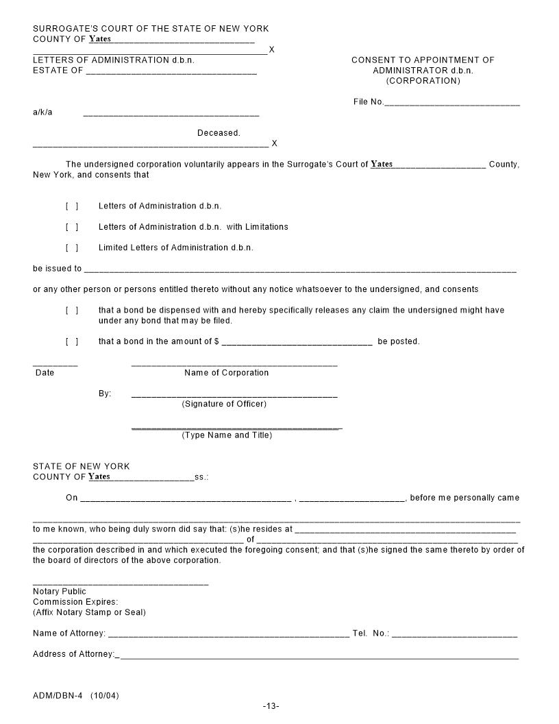 Consent To Appointment Of Adminsitrator dbn (Corporation) {DBN-4} | Pdf Fpdf Doc Docx | New York