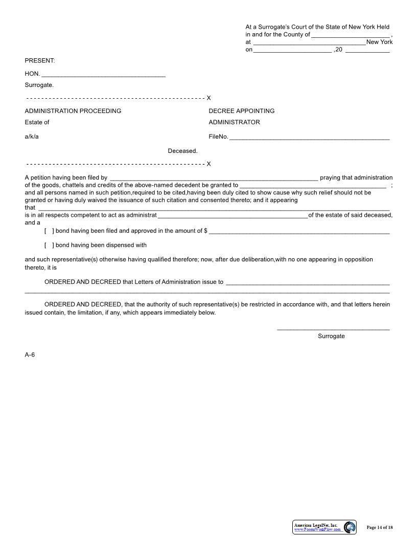 Decree Appointing Administrator {A-6} | Pdf Fpdf Docx | New York