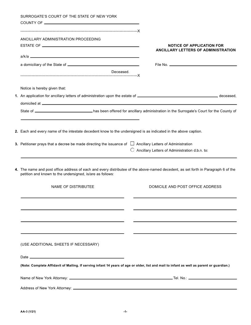 Notice Of Application For Ancillary Letters Of Administration {AA-3} | Pdf Fpdf Doc Docx | New York