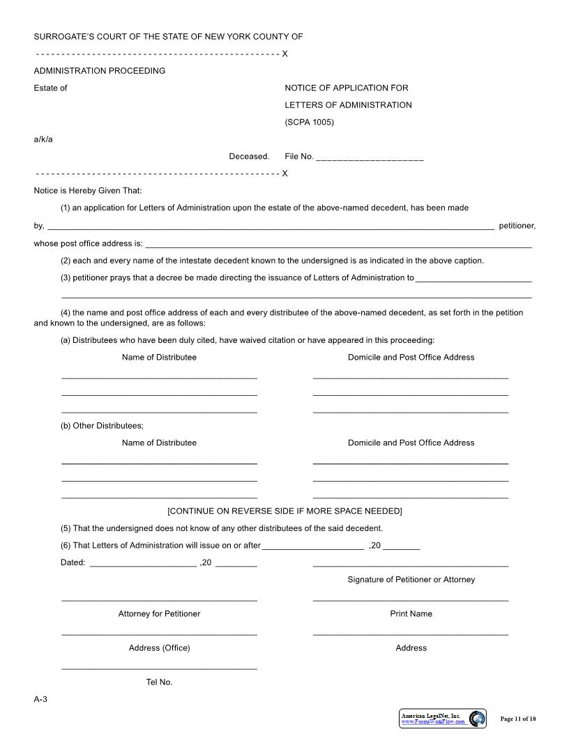 Notice Of Application For Letters Of Administration SCPA 1005 {A-3} | Pdf Fpdf Docx | New York