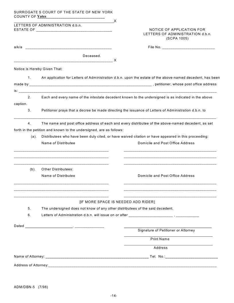 Notice Of Application For Letters Of Administration dbn {DBN-5} | Pdf Fpdf Doc Docx | New York