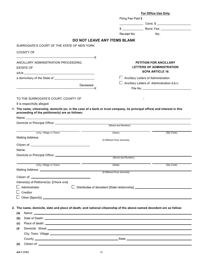 Petition For Ancillary Letters Of Administration {AA-1} | Pdf Fpdf Doc Docx | New York