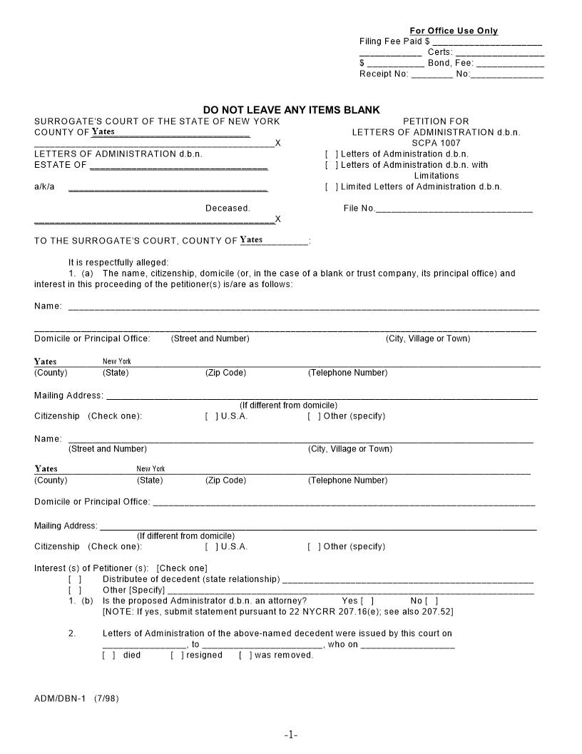 Petition For Letters Of Administration DBN {DBN-1} | Pdf Fpdf Doc Docx | New York