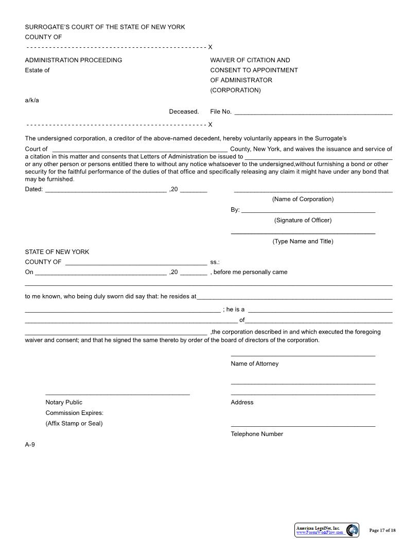 Waiver Of Citation And Consent To Appointment Of Administrator Corporation {A-9} | Pdf Fpdf Docx | New York