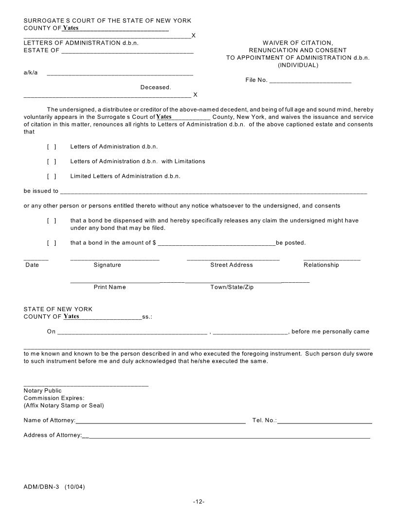 Waiver Of Citation Renunciation And Consent To Appointment Of Administration dbn (Individual) {DBN-3} | Pdf Fpdf Doc Docx | New York