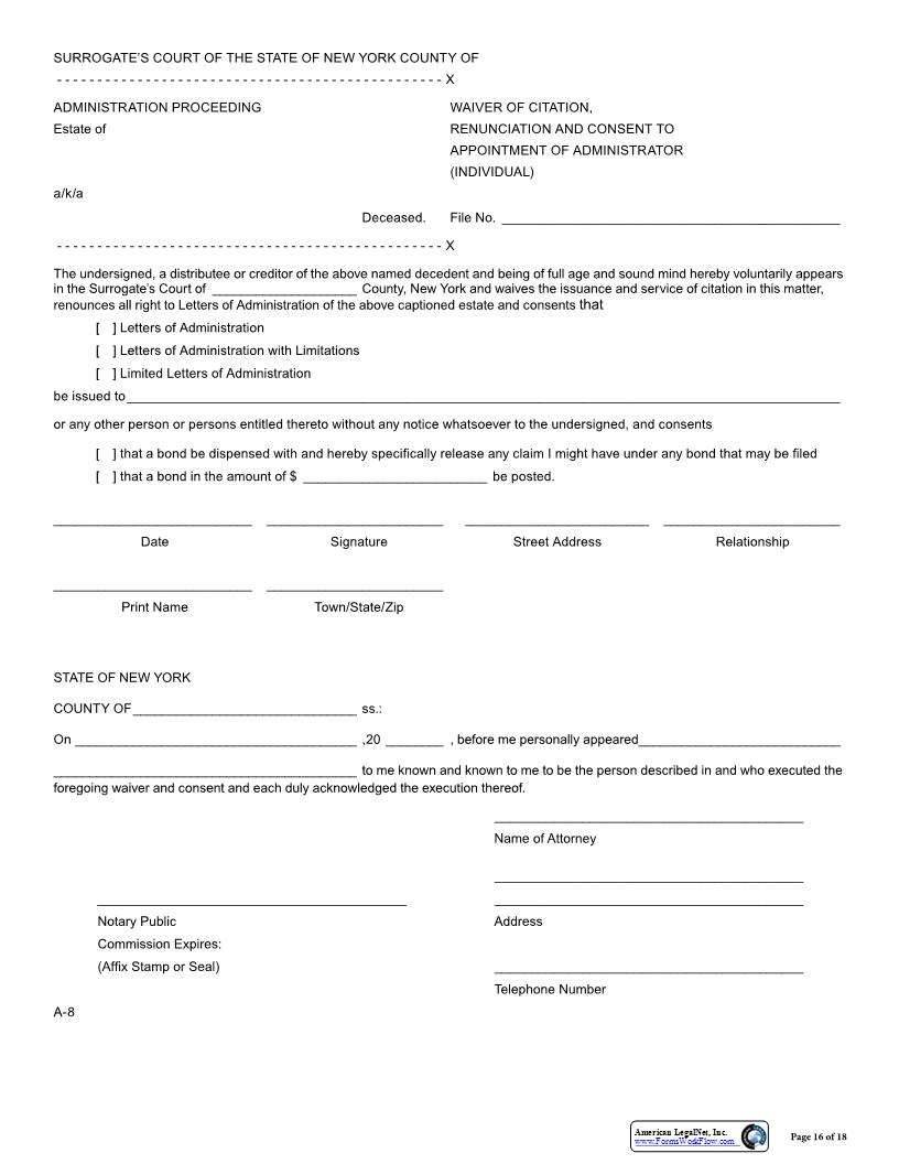 Waiver Of Citation Renunciation And Consent To Appointment Of Administrator (Indivdual) {A-8} | Pdf Fpdf Docx | New York