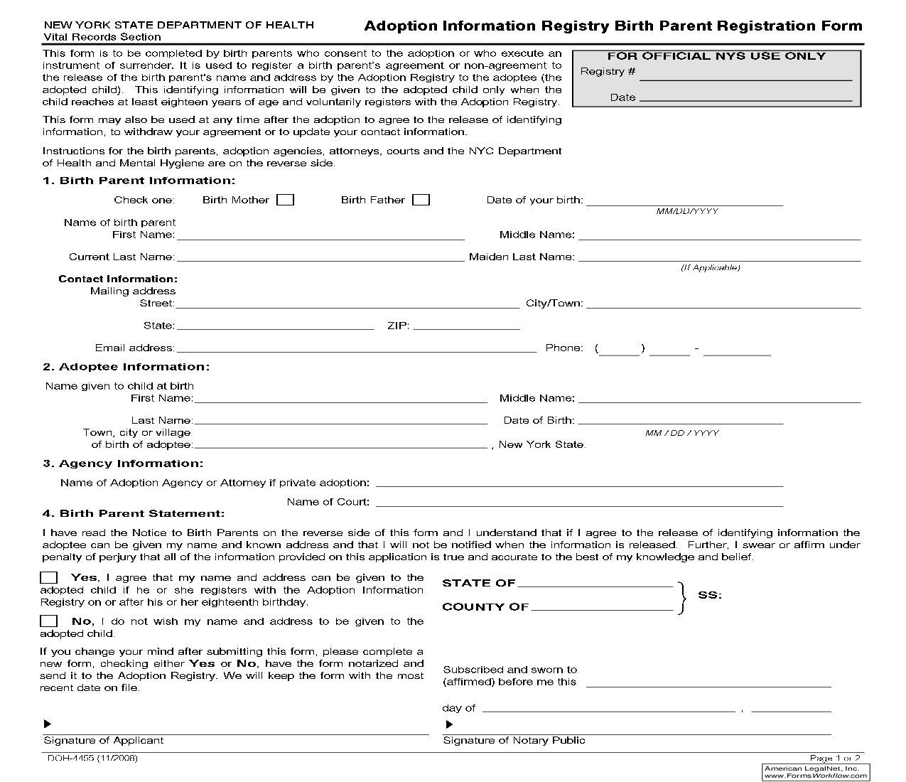 Adoption Information Registry Birth Parent Registration Form {DOH-4455} | Pdf Fpdf Doc Docx | New York