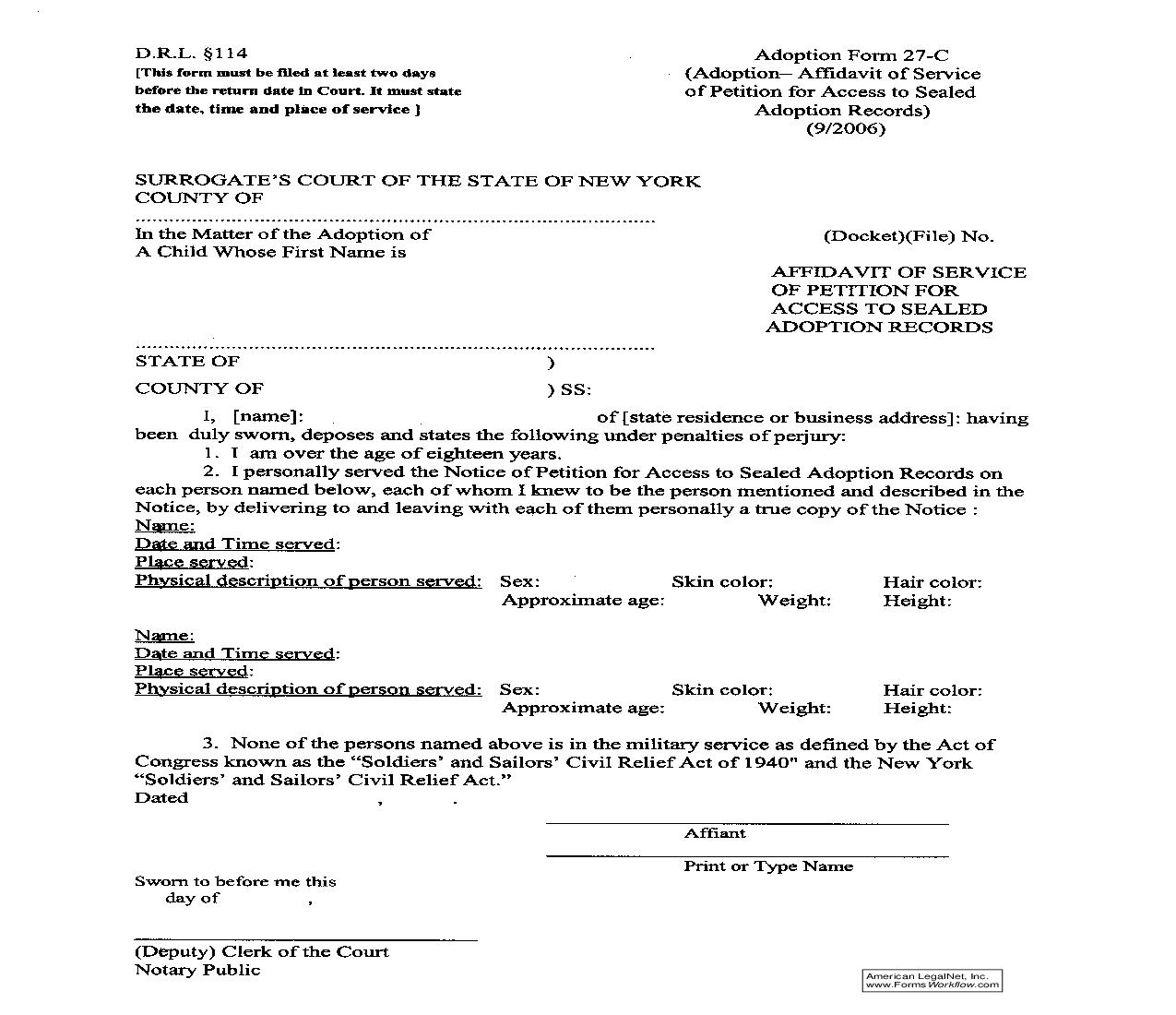 Affidavit Of Service Of Notice Of Petition For Access To Sealed Adoption Records {27-C} | Pdf Fpdf Doc Docx | New York