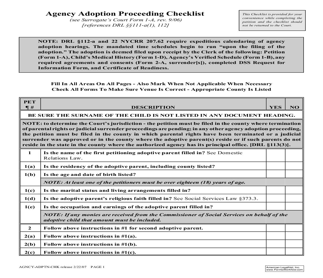 Agency Adoption Proceeding Checklist | Pdf Fpdf Doc Docx | New York