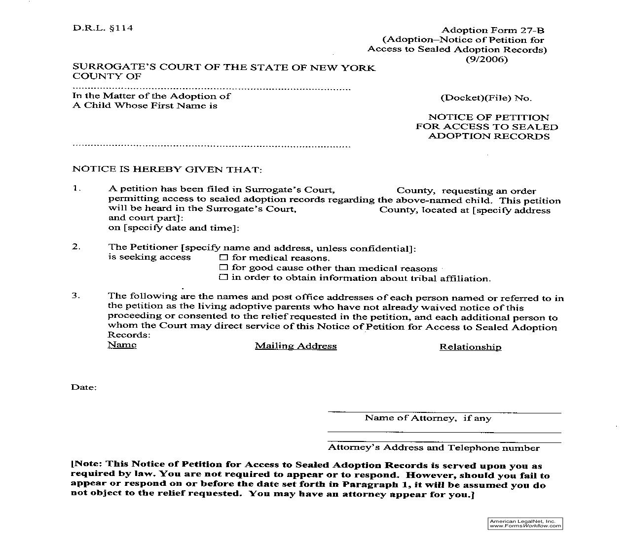 Notice Of Petition For Access To Sealed Adoption Records (Domestic Relations Law Section 114) {27-B} | Pdf Fpdf Doc Docx | New York