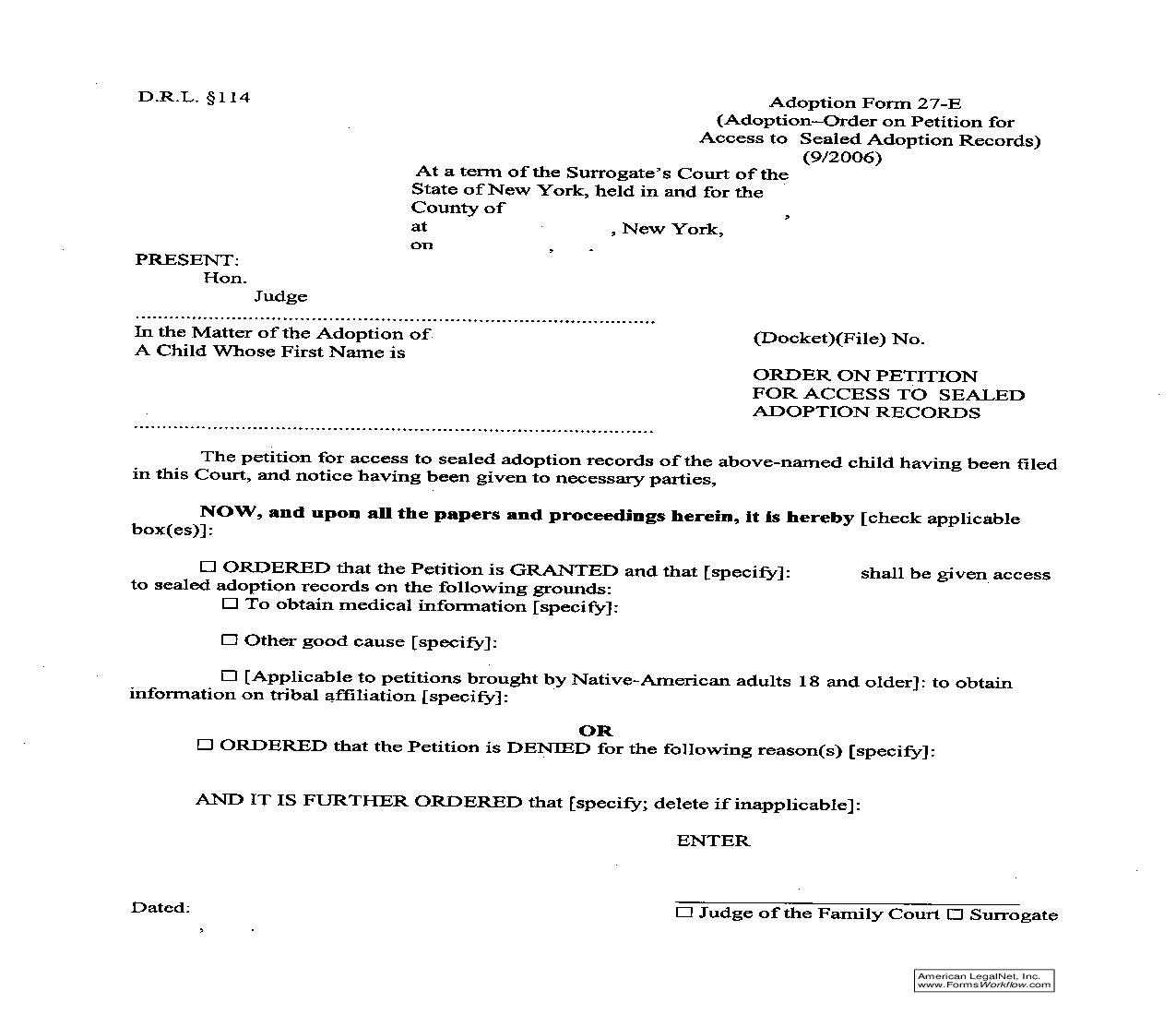 Order On Petition For Access To Sealed Adoption Records {27-E} | Pdf Fpdf Doc Docx | New York
