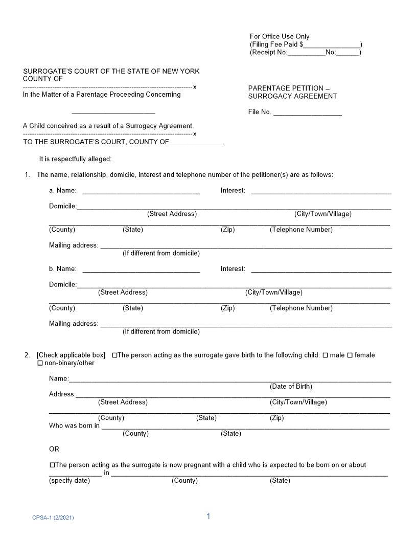 Parentage Petition - Surrogacy Agreement {CPSA-1} | Pdf Fpdf Docx | New York