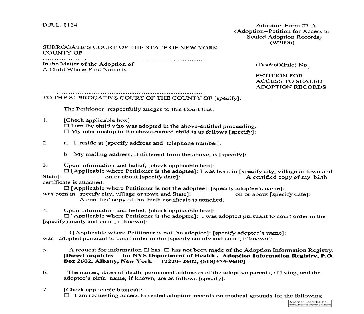 Petition For Access To Sealed Adoption Records (Domestic Relations Law - Section 114) {27-A} | Pdf Fpdf Doc Docx | New York