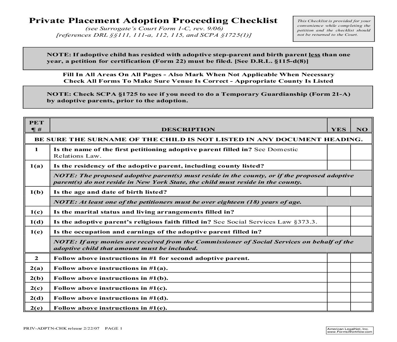 Private Placement Adoption Proceeding Checklist | Pdf Fpdf Doc Docx | New York