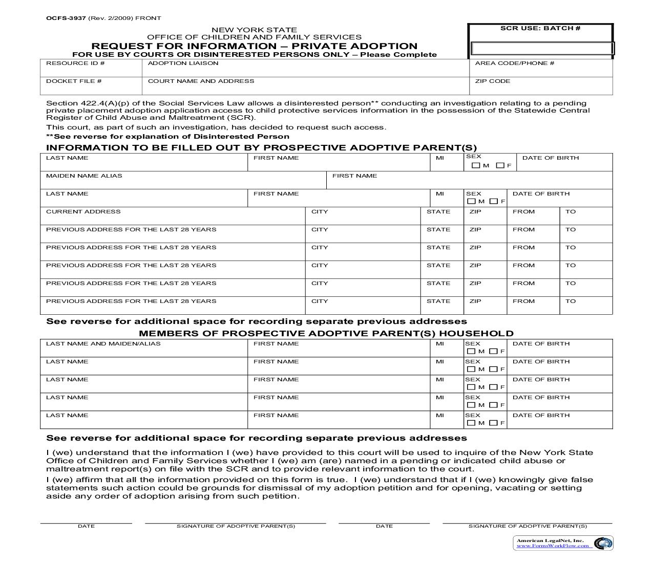 Request For Information - Private Adoption {OCFS-3937} | Pdf Fpdf Doc Docx | New York