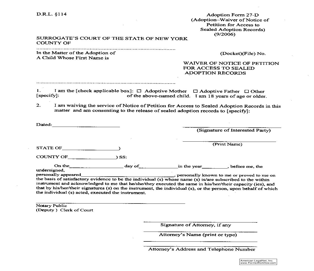 Waiver Of Notice Of Petition For Acccess To Sealed Adoption Records-Consent (Domestic Relations Law - Section 114) {27-D} | Pdf Fpdf Doc Docx | New York