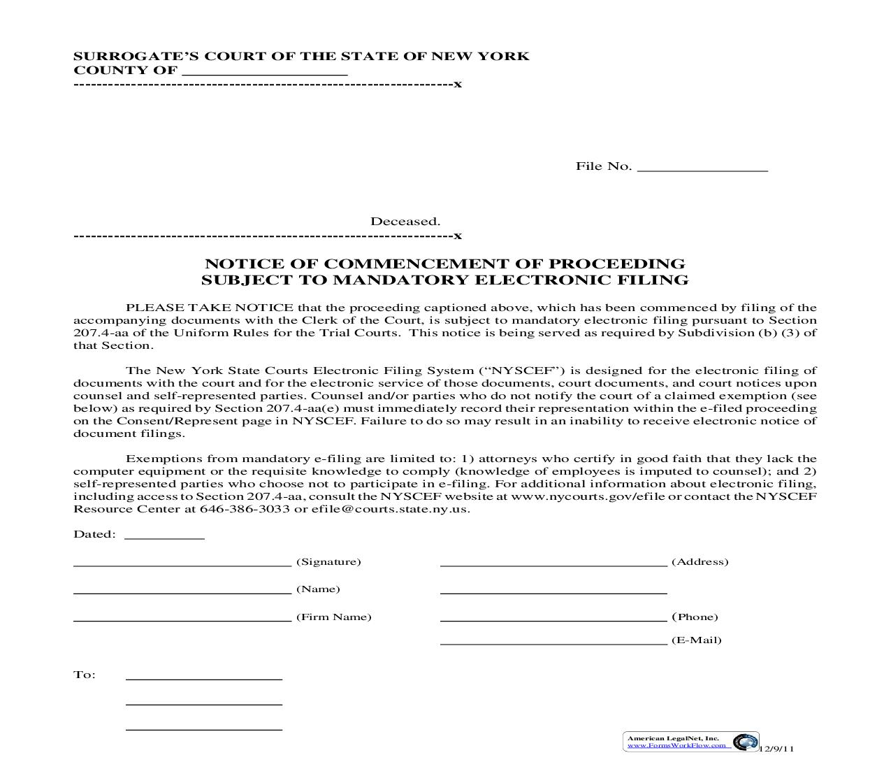 Notice Of Commencement Of Proceeding Subject To Mandatory Electronic Filing | Pdf Fpdf Doc Docx | New York