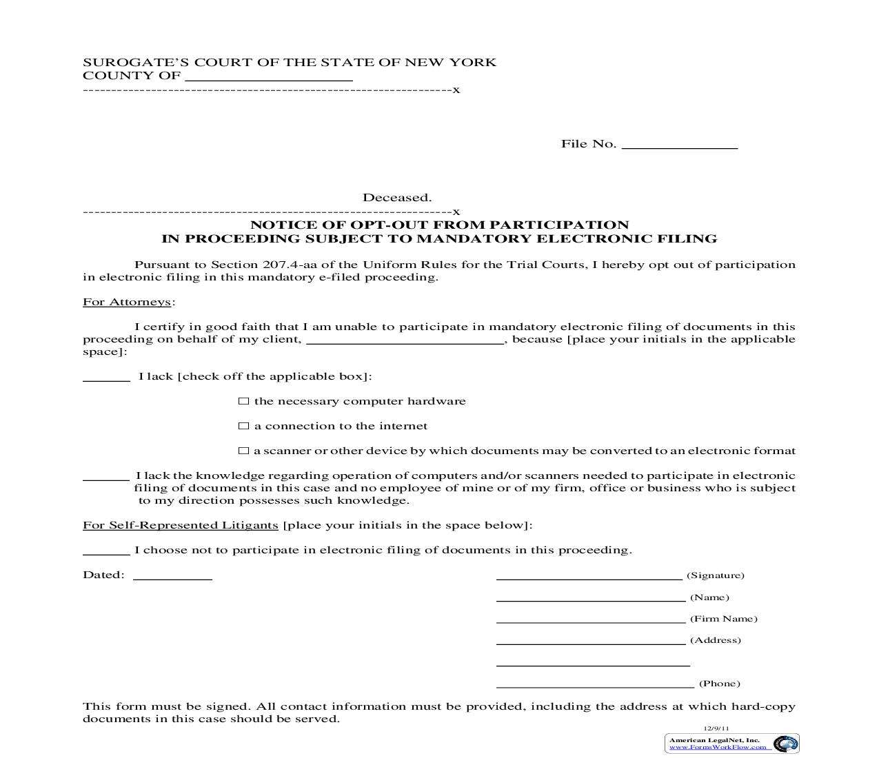 Notice Of Opt-Out From Participation In Proceeding Subject To Mandatory Electronic Filing | Pdf Fpdf Doc Docx | New York