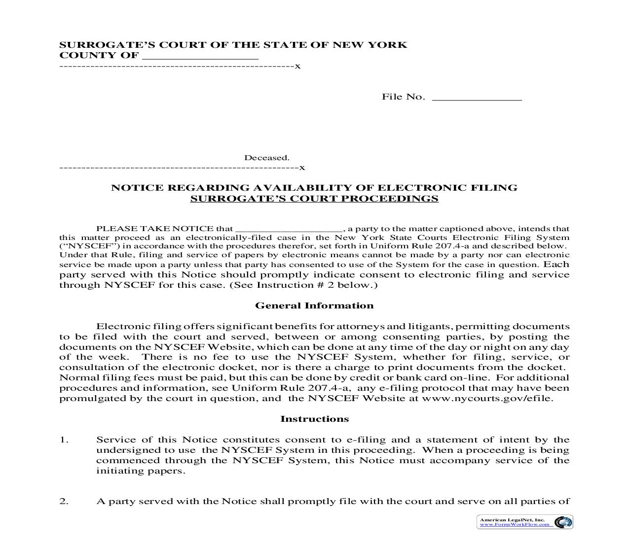 Notice Regarding Availability Of Electronic Filing Surrogates Court Proceedings {SC-1} | Pdf Fpdf Doc Docx | New York