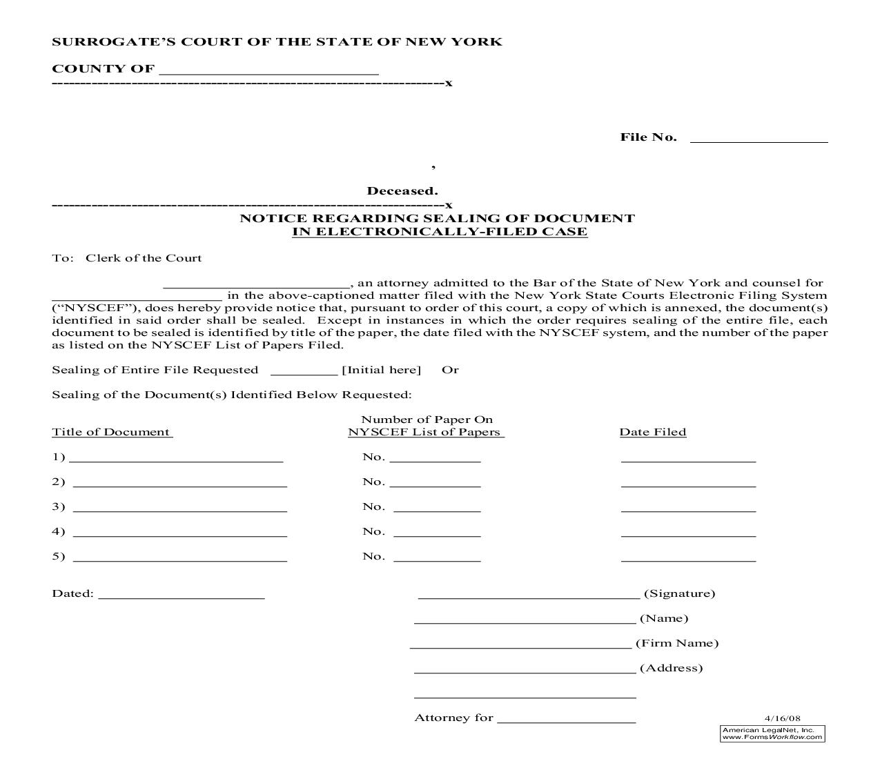 Notice Regarding Sealing Of Document In Electronically-Filed Case | Pdf Fpdf Doc Docx | New York