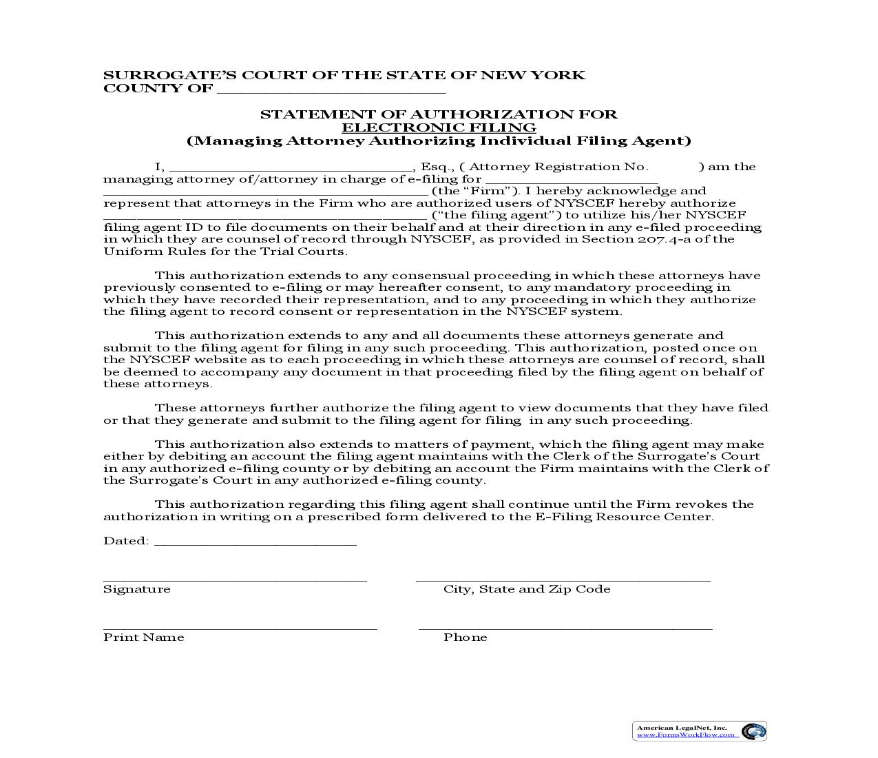 Statement Of Authorization For Electronic Filing (Surrogates Court Managing Attorney Authorizing Individual Filing Agent) | Pdf Fpdf Doc Docx | New York