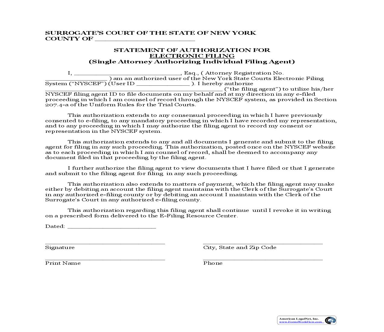 Statement Of Authorization For Electronic Filing (Surrogates Court Single Attorney Authorizing Individual Filing Agent) | Pdf Fpdf Doc Docx | New York