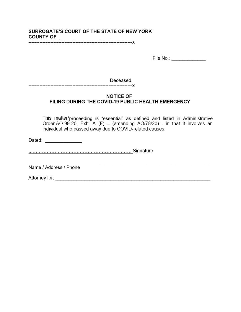 Notice Of Filing During The COVID-19 Public Health Emergency (Surrogate) | Pdf Fpdf Docx | New York