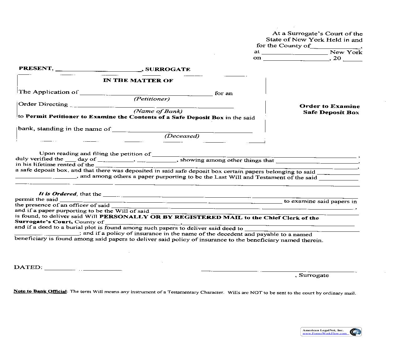 Order To Examine Safe Deposit Box | Pdf Fpdf Doc Docx | New York
