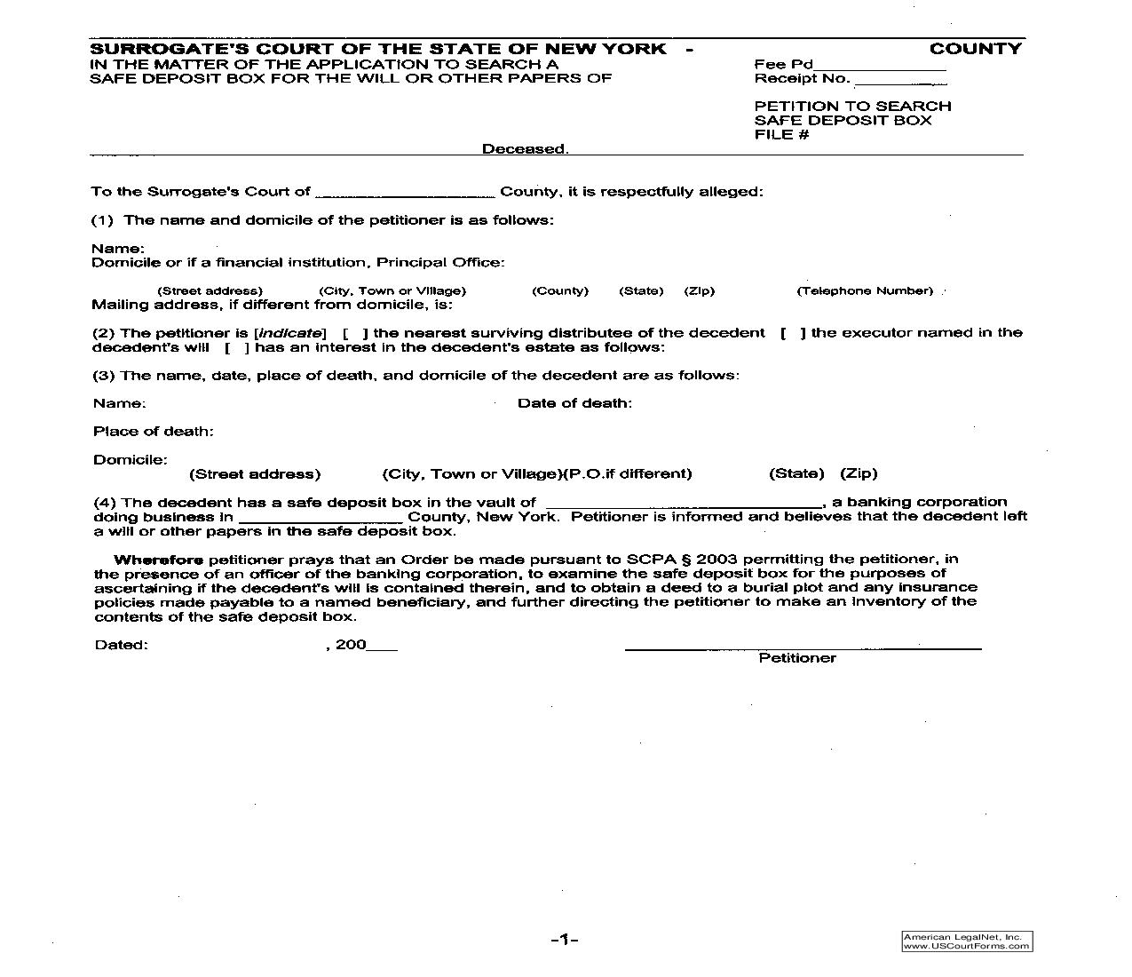 Petition To Search Safe Deposit Box | Pdf Fpdf Doc Docx | New York