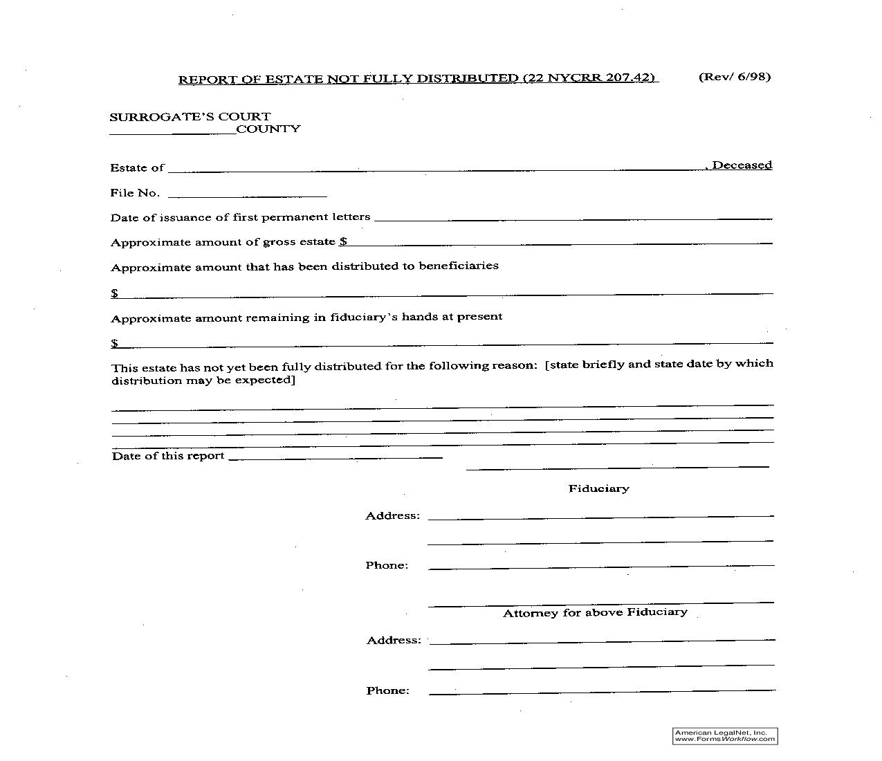Report Of Estate Not Fully Distributed (22 NYCRR 207.42) | Pdf Fpdf Doc Docx | New York