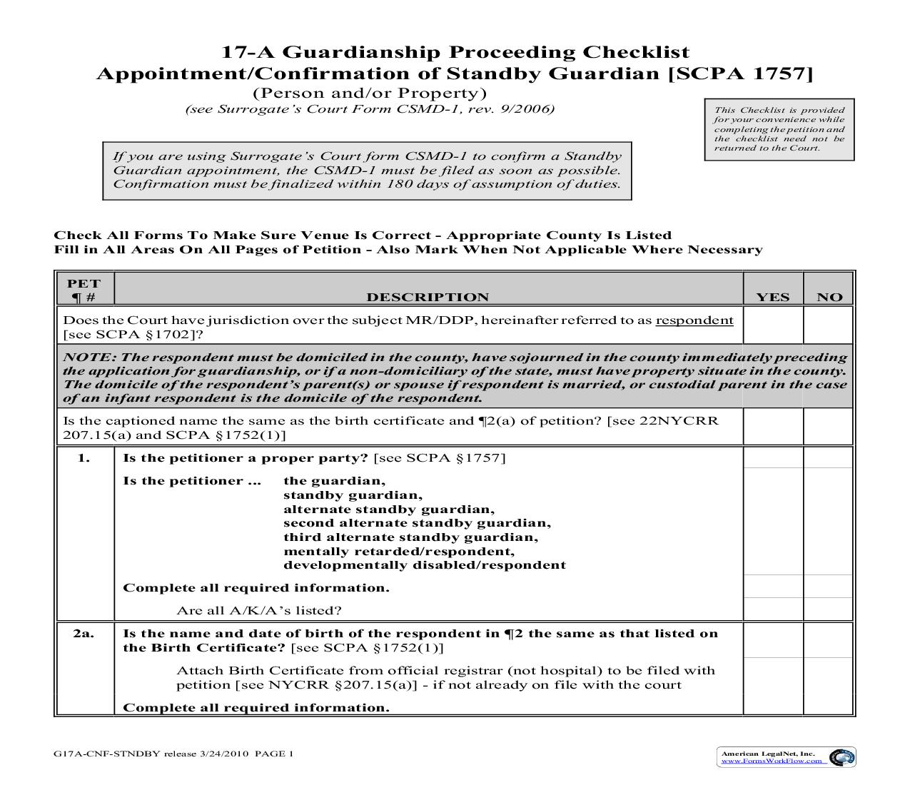 17 A Guardianship Proceeding Checklist Appointment-Confirmation Of Standby Guardian | Pdf Fpdf Doc Docx | New York