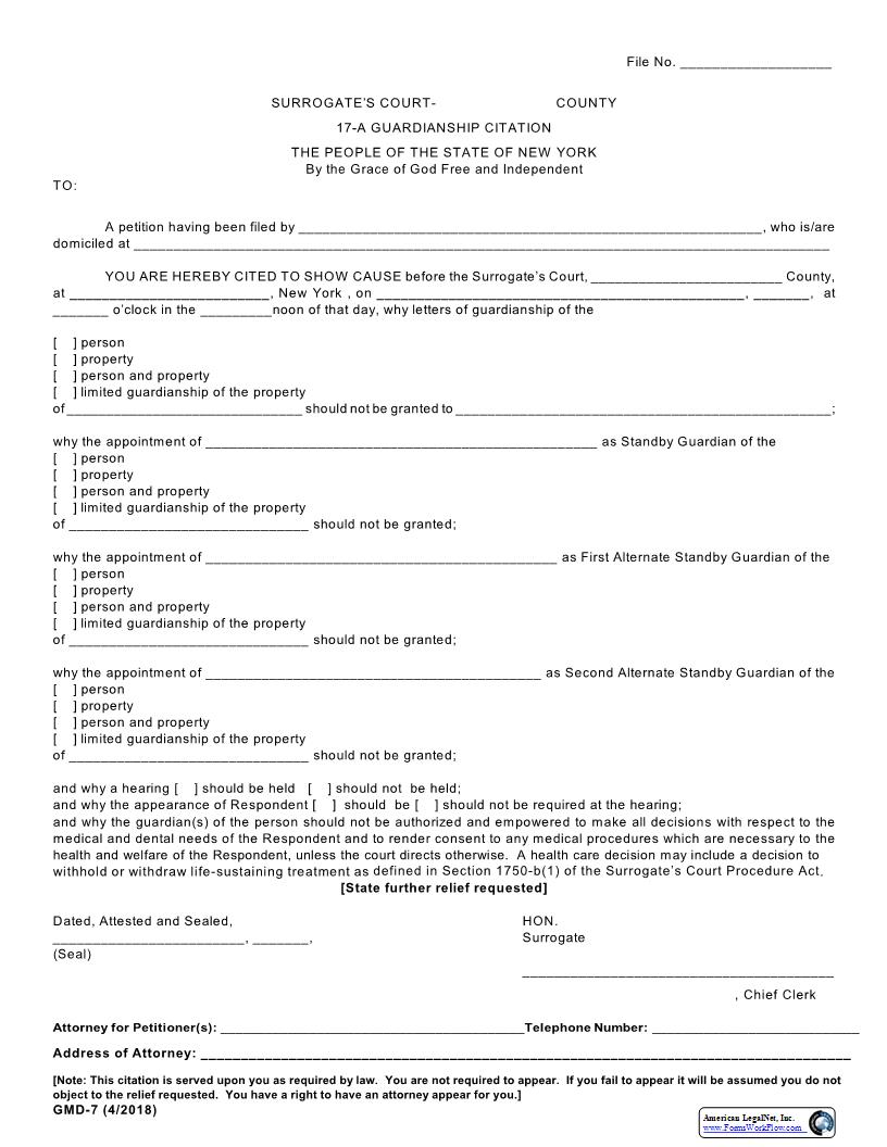 17-A Guardianship Citation {GMD-7} | Pdf Fpdf Docx | New York
