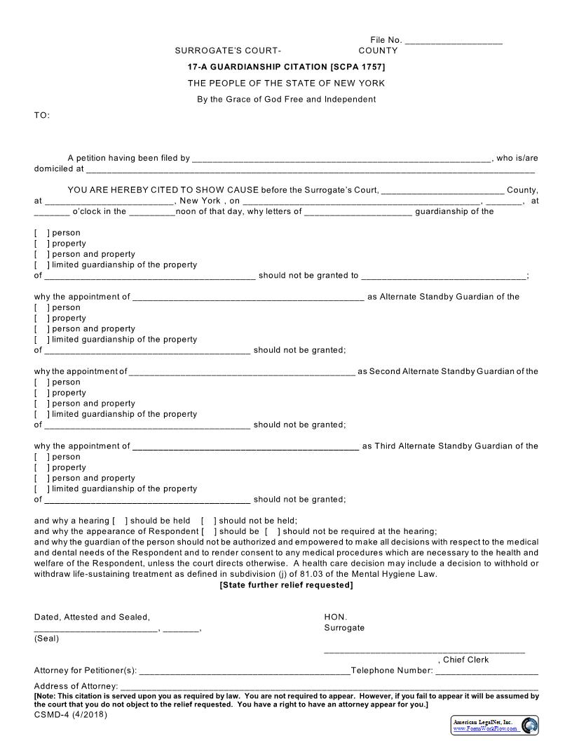 17-A Guardianship Citation (SCPA 1757) {CSMD-4} | Pdf Fpdf Docx | New York