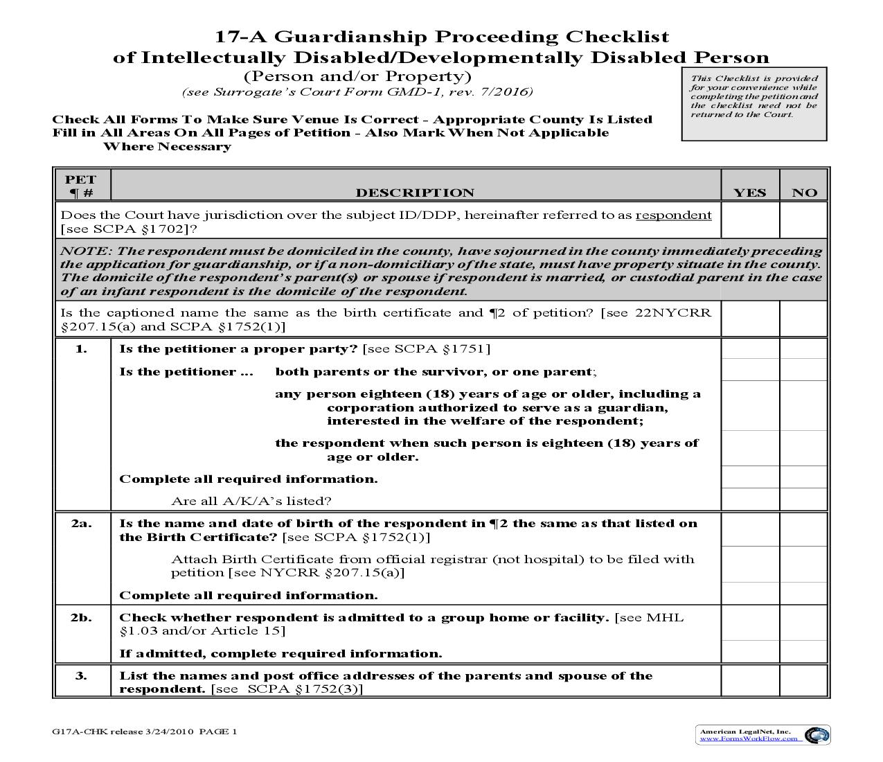 17-A Guardianship Proceeding Checklist Of Intellectually Disabled Or Developmentally Disabled Person | Pdf Fpdf Doc Docx | New York